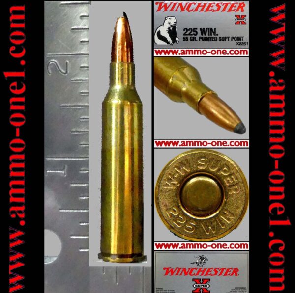 .225 winchester by win., 55gr. jsp, one cartridge not a box. .225 winchester by win., 55gr. jsp, one cartridge not a box.