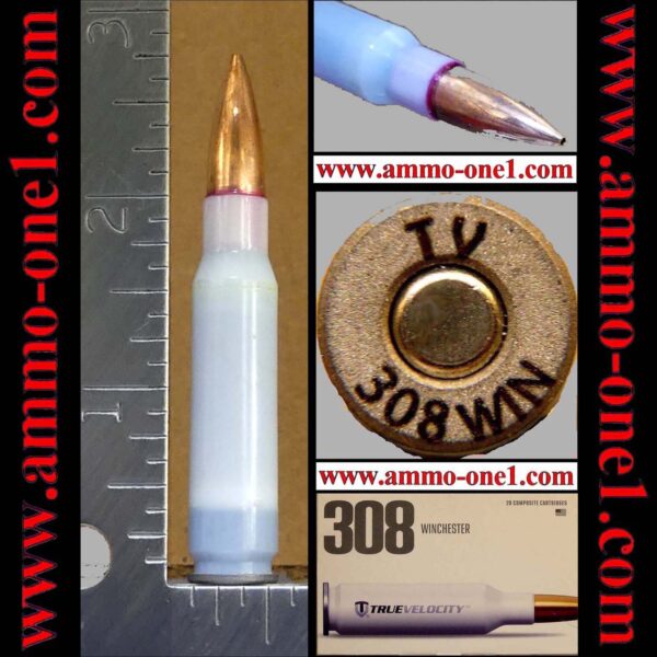 .308 win. true velocity composite, "tv" h/s, hpbt bullet, one cartridge not a box! *no writing on case. see more detail below.* .308 win. true velocity composite, "tv" h/s, hpbt bullet, one cartridge not a box! *no writing on case. see more detail below.*