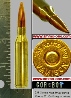 .338 norma mag. jamison h/, 300 gr. jhp, one cartridge not a box