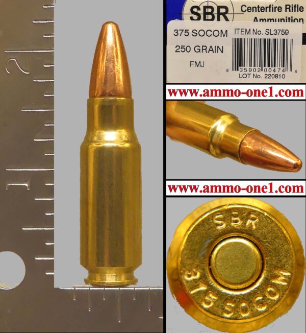 .375 socom by sbr, 250 grain fmj, one cartridge not a box.