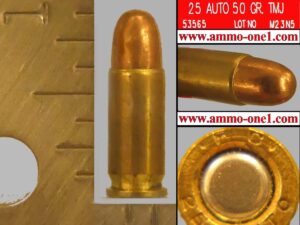 .25 auto, or 25 acp by federal, 50gr. fmj, one cartridge, not a box. .25 auto, or 25 acp by federal, 50gr. fmj, one cartridge, not a box.