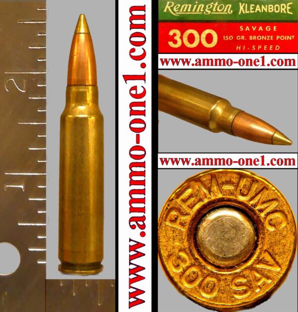 .300 savage, "rem umc 300 sav" h/s by remington, bronze tip, one cartridge not a box!