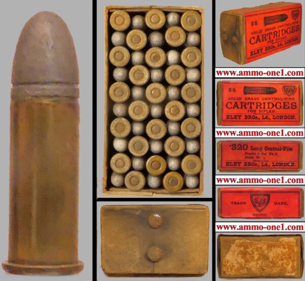 .320 long central fire revolver by eley of london, one collectible full box. (over 130 years old!)