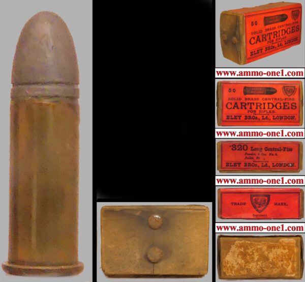 .320 long central fire revolver by eley of london, one collectible box with only one cartridge!. (over 130 years old!)