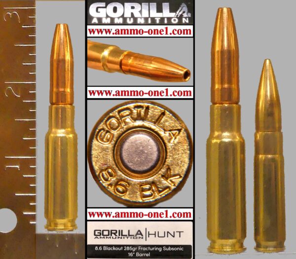 8.6 blackout by gorilla ammo, 285 grain fracturing subsonic, one cartridge not a box.