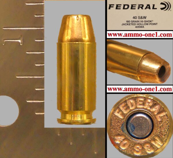 .40 smith & wesson, "federal 40 s&w" h/s by federal cartridge co., hi shok jhp, one cartridge, not a box. .40 smith & wesson, "federal 40 s&w" h/s by federal cartridge co., hi shok jhp, one cartridge, not a box.