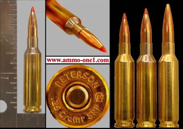 .25 creedmoor with "crdmr srp" h/s, "small rifle primer" by peterson cartridge co. (still considered a wildcat) one cartridge not a box!