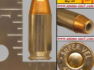 .45 auto #20, older production, larger print ". super vel 45 acp" h/s, "oval" nickel primer, nickel case, jhp, one cartridge not a box! .45 auto #20, older production, larger print ". super vel 45 acp" h/s, "oval" nickel primer, nickel case, jhp, one cartridge not a box!