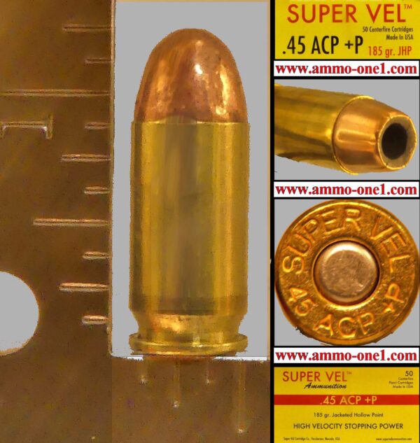 .45 auto #007, newer +p, large print "super vel 45 acp+p" h/s, brass case, jhp, one cartridge not a box! .45 auto #007, newer +p, large print "super vel 45 acp+p" h/s, brass case, jhp, one cartridge not a box!