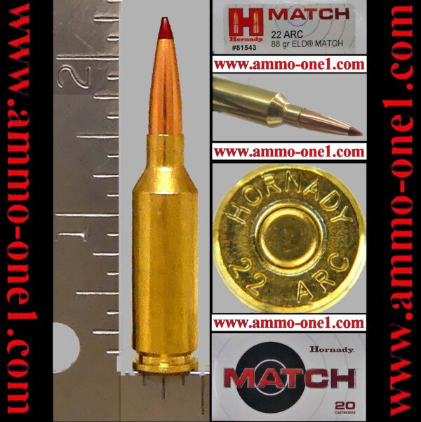 22 arc (advanced rifle cartridge) by hornady, 88gr eld, one cartridge not the box. 22 arc (advanced rifle cartridge) by hornady, 88gr eld, one cartridge not the box.