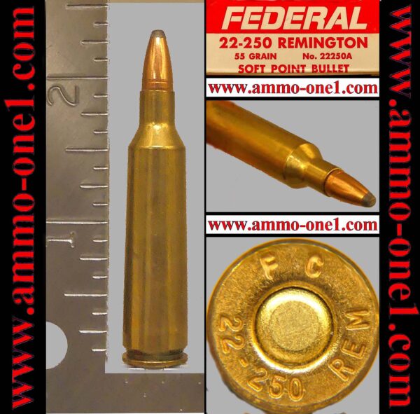 .22 250 remington by federal, "f c" h/s, j.s.p., *lite patina*, one cartridge, not a box.