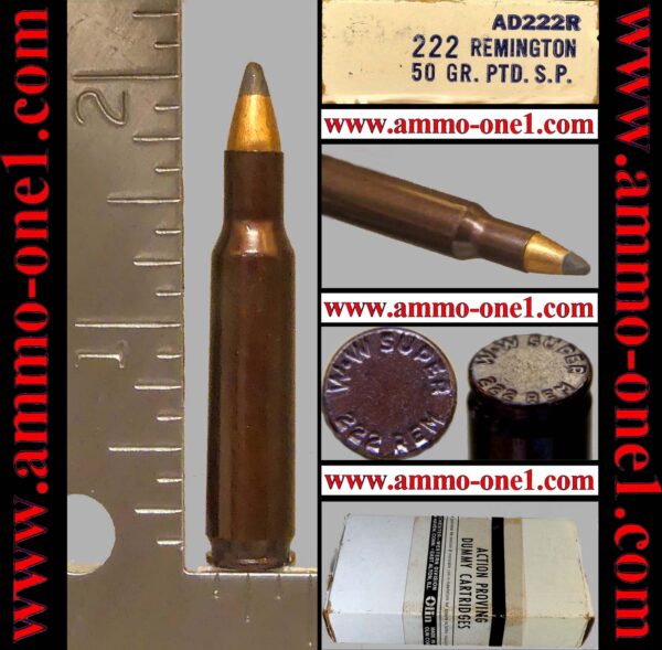 .222 remington factory dummy by winchester, dyed brown case,"jsp", no primer pocket! "w w super" h/s, one cartridge not a box!