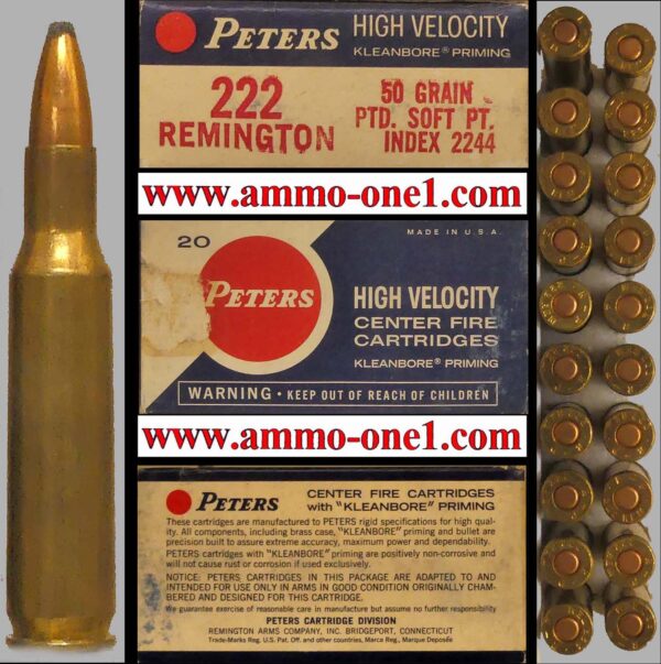 .222 remington by peters, box of 20 cartridges, box not mint, cartridge at mint with some *patina*,50 grain jsp, "r p" h/s.