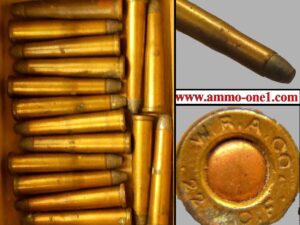 .22 w.c.f. by winchester, w.r.a. h/s, "not mint! has spots" long obsolete, one cartridge not a box. .22 w.c.f. by winchester, w.r.a. h/s, "not mint! has spots" long obsolete, one cartridge not a box.