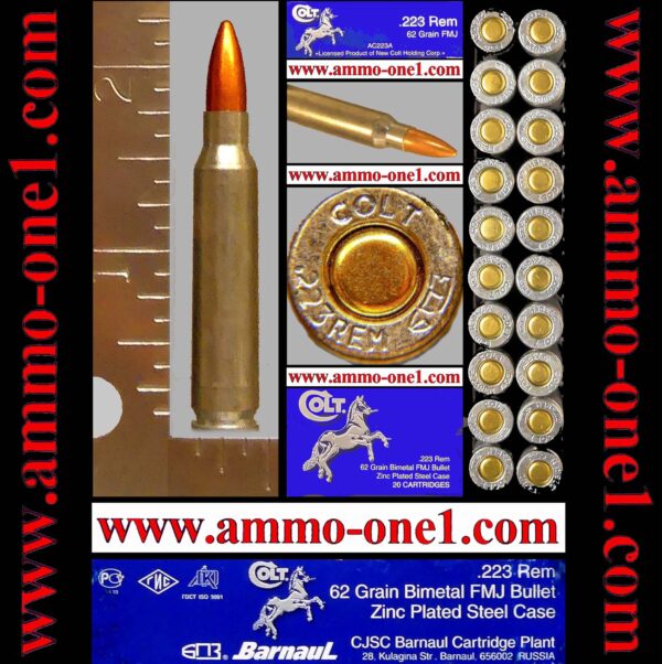 .223 remington by colt / barnaul, 2014 special run, "colt" h/s, 62 gr. fmj, bimetal case, one box of 20 cartridges, box not mint!. .223 remington by colt / barnaul, 2014 special run, "colt" h/s, 62 gr. fmj, bimetal case, one box of 20 cartridges, box not mint!.