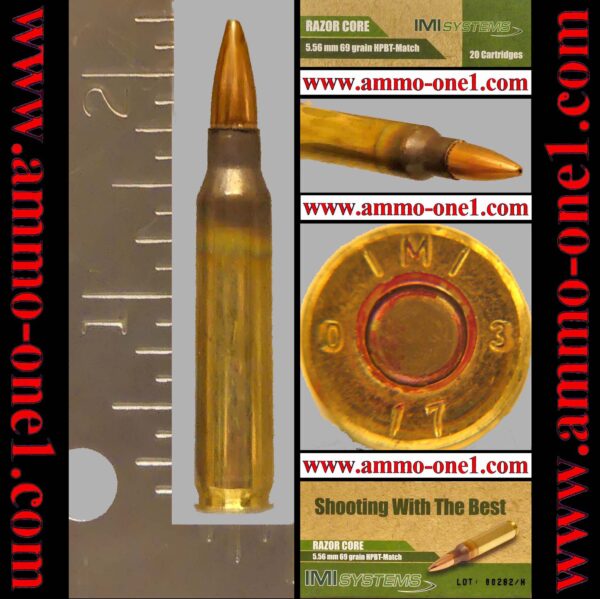 (b004) 5.56 nato by imi* with 2017 "imi 17" h/s and *mix lot numbers*, match grade, 69 gr. jhpbt, one cartridge not a box.