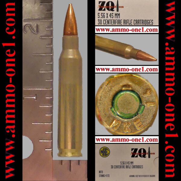 (b008) 5.56 nato by zq1 with 2014 "mke 14" h/s and m885, 62 gr. steel core fmj, one cartridge not a box.