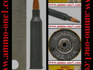 .225 winchester factory dummy by western/winchester, pre 1964 "super x" h/s, 55gr. jsp,, one cartridge not a box. inert! not mint, see page. .225 winchester factory dummy by western/winchester, pre 1964 "super x" h/s, 55gr. jsp,, one cartridge not a box. inert! not mint, see page.
