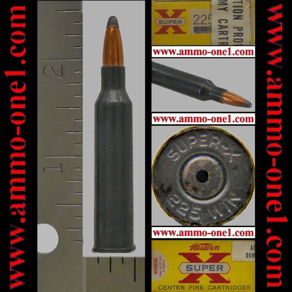 .225 winchester factory dummy by western/winchester, pre 1964 "super x" h/s, 55gr. jsp,, one cartridge not a box. inert! not mint, see page. .225 winchester factory dummy by western/winchester, pre 1964 "super x" h/s, 55gr. jsp,, one cartridge not a box. inert! not mint, see page.