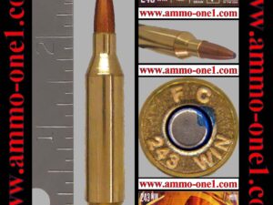(item .004) .243 winchester by federal cartridge co., new production with larger print "f c" h/s, and new bonded soft point. mint! one cartridge not a box.