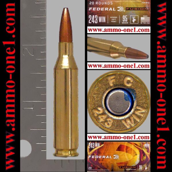 (item .004) .243 winchester by federal cartridge co., new production with larger print "f c" h/s, and new bonded soft point. mint! one cartridge not a box.