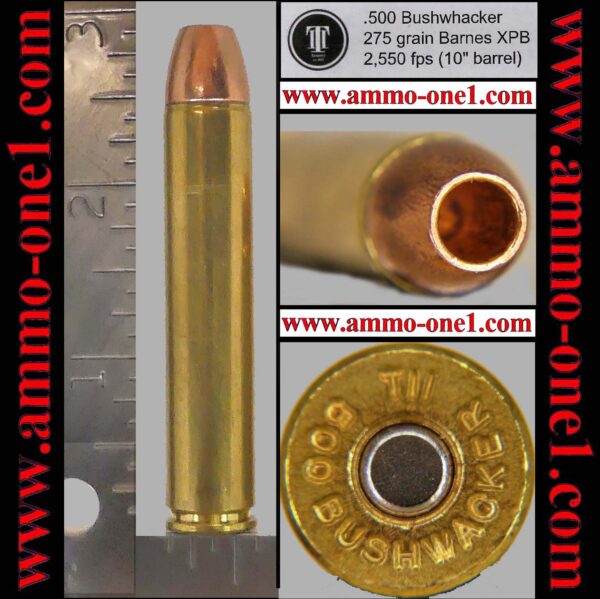 .500 bushwhacker by tii armory, * "error" head stamp, 275 grain barnes xpb (jhp), one cartridge not a box.
