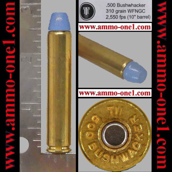 .500 bushwhacker by tii armory, * "error" head stamp, 310 grain wfngc (powder coat lead), one cartridge not a box.