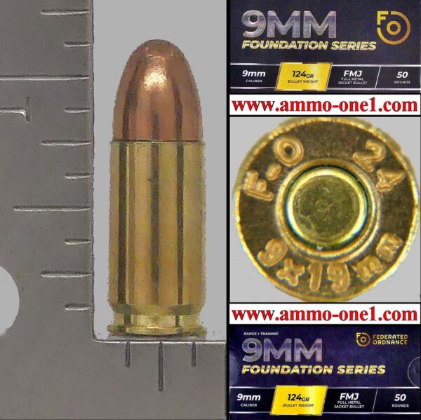 (item .010) 9x19mm luger by federated ordnance, "f o" h/s, fmj, one cartridge not a box! (item .010) 9x19mm luger by federated ordnance, "f o" h/s, fmj, one cartridge not a box!