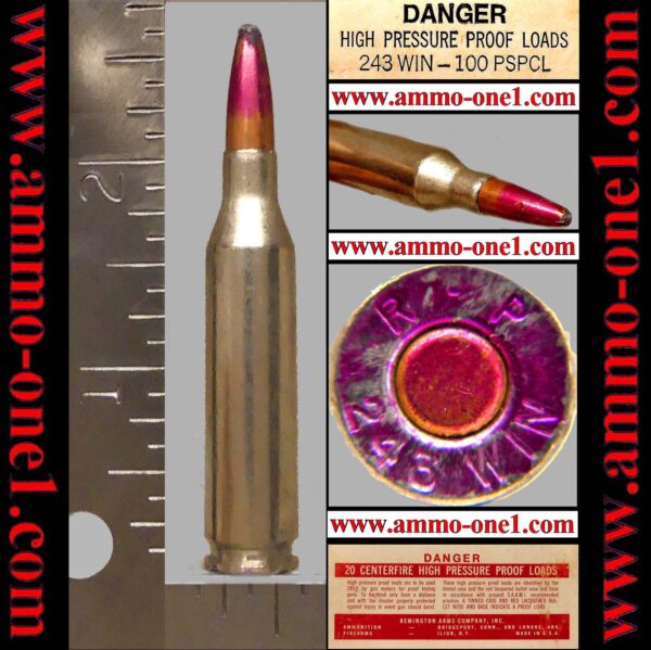 (item .008) .243 winchester "proof" by remington, (purple dye bullet and head stamp)"r p" h/s, not mint, excellent, some flakes on the dye. 100gr. "core lokt" jsp, one cartridge not a box. warning* (item .008) .243 winchester "proof" by remington, (purple dye bullet and head stamp)"r p" h/s, not mint, excellent, some flakes on the dye. 100gr. "core lokt" jsp, one cartridge not a box. warning*